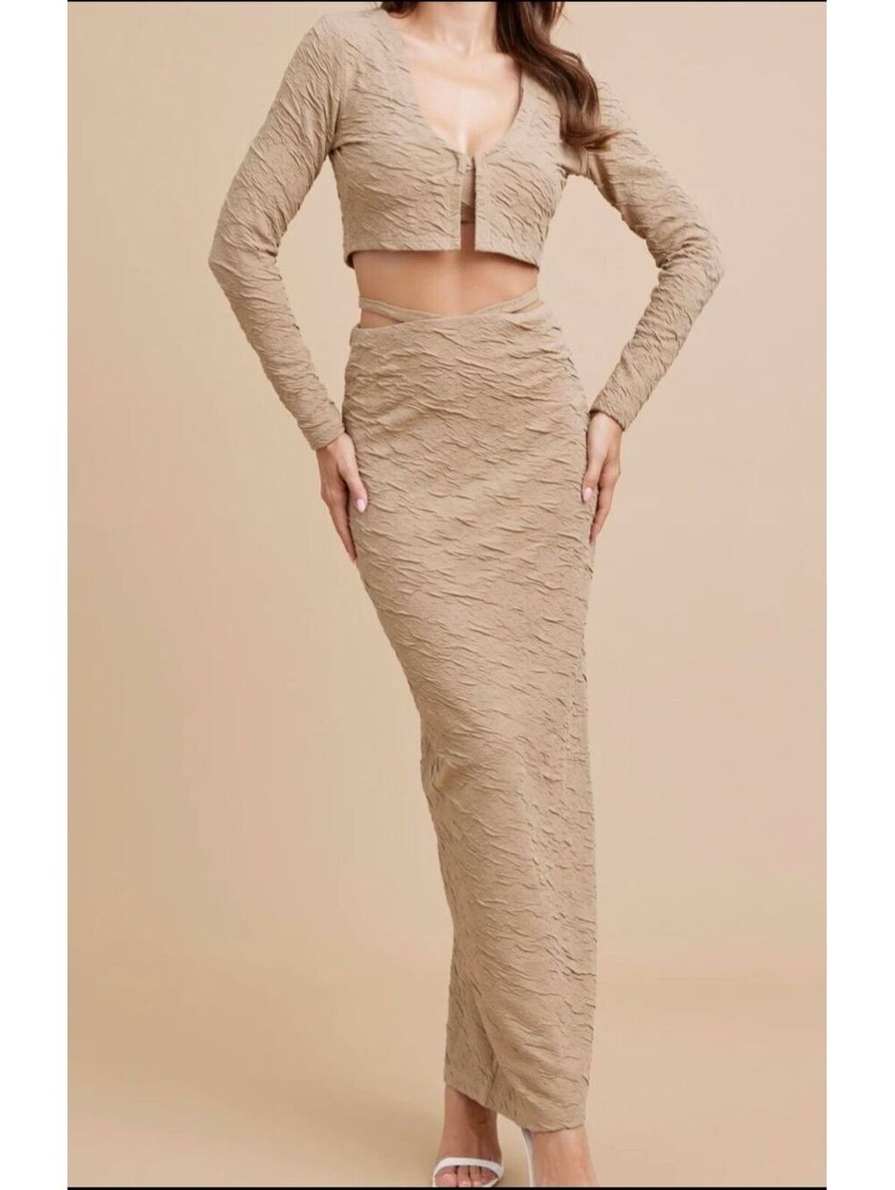 House of Zil Mrs Blush Beige Crinkle Knit Crop Top Maxi Skirt Set Women Size L